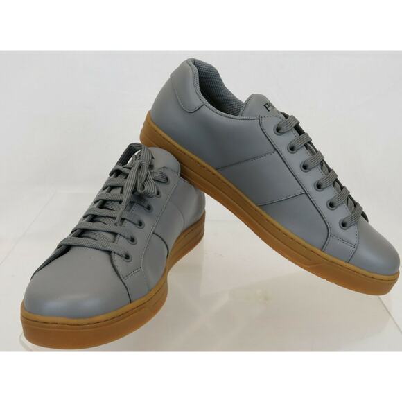 NIB PRADA 4E3501 GRAY LEATHER LACE UP LOGO LOW TOP SNEAKERS 7.5 / US 8.5 ITALY - Picture 2 of 12